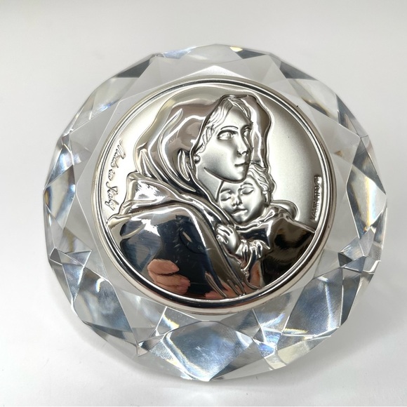 Crystal Diamond Paperweight With Silver Madonna and Child Portrait - Picture 1 of 15